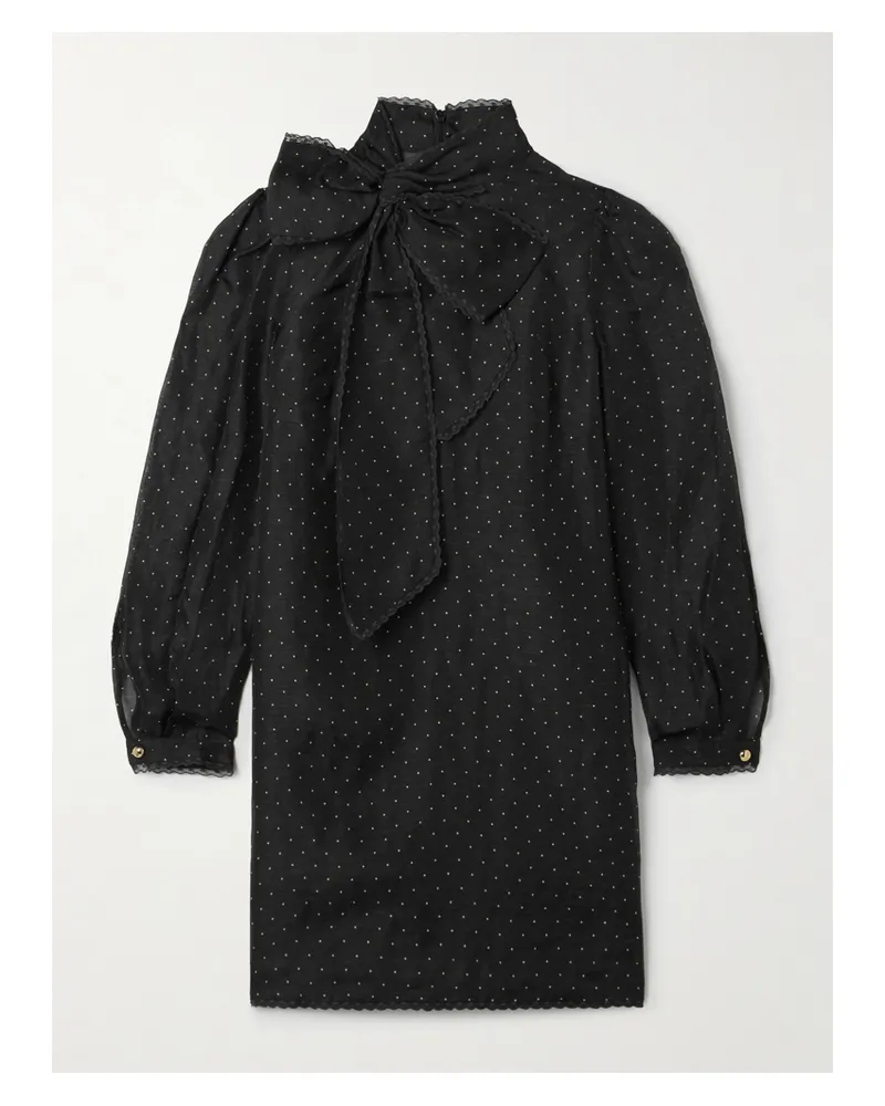 Zimmermann Minikleid Aus Organza Aus Einer Leinen-seidenmischung Mit Punkten, Schluppe Und Spitzenbesätzen - Schwarz Schwarz