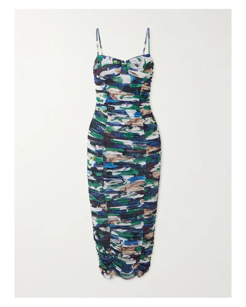 Mary Katrantzou Midikleid Aus Bedrucktem Stretch-tüll Mit Raffungen - Blau Blau