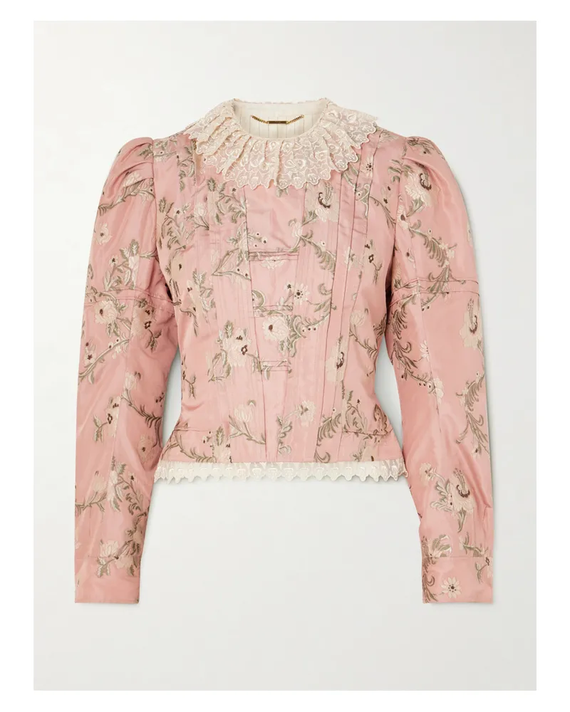 Chloé Verkürzte Jacke Aus Taft Aus Einer Seidenmischung Mit Jacquard-muster Und Spitzenbesätzen - Pink Pink