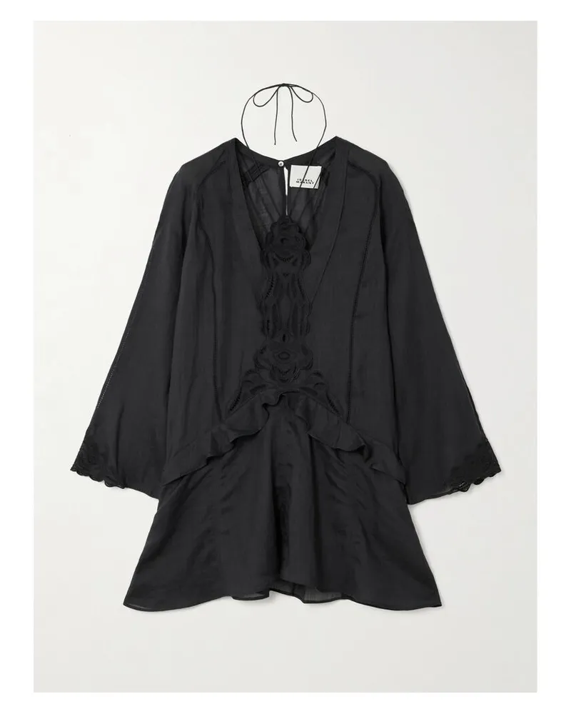 Isabel Marant Liya Minikleid Aus Ramie Mit Spitzenbesätzen Und Stickereien - Schwarz Schwarz