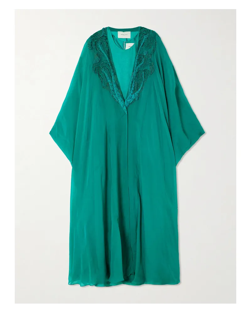 SHATHA ESSA Robe und Cape aus Satin und Chiffon aus einer Seidenmischung Grün