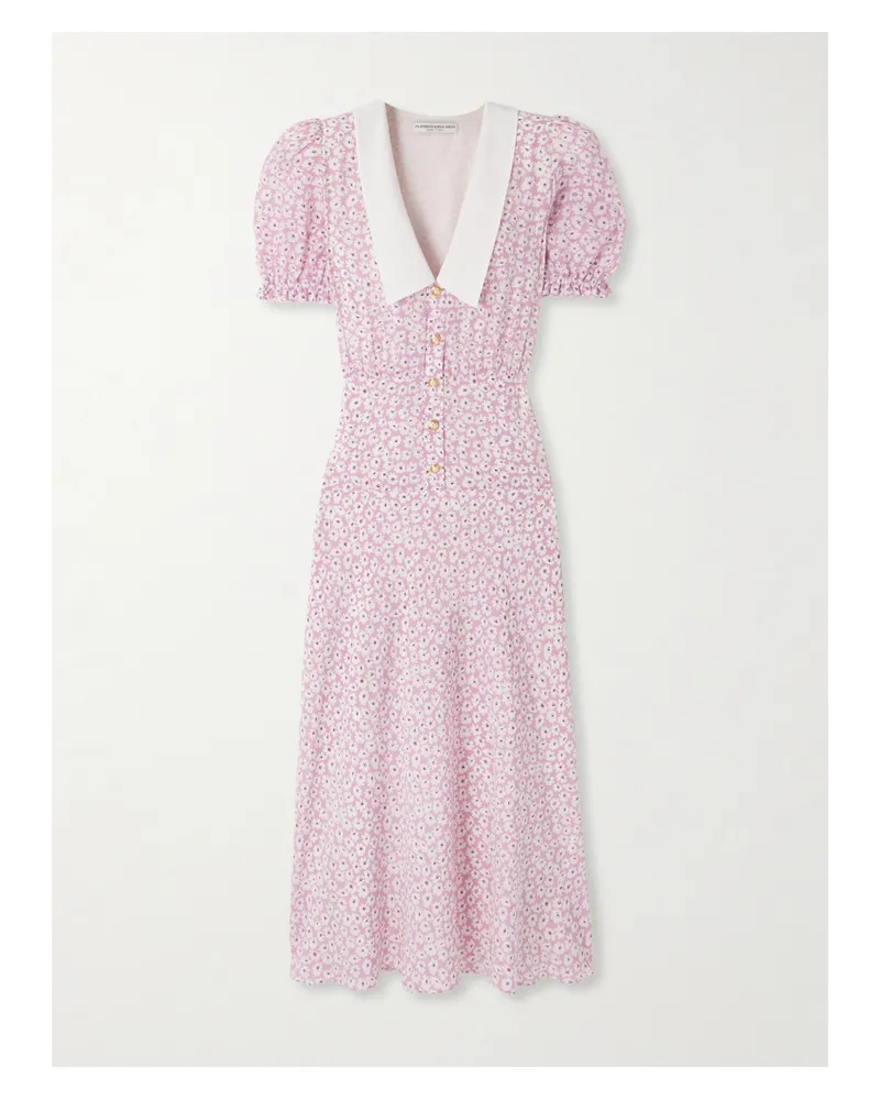 Alessandra Rich Midikleid Aus Seide Mit Blumenprint, Crêpe-besatz Und Raffungen - Pink Pink