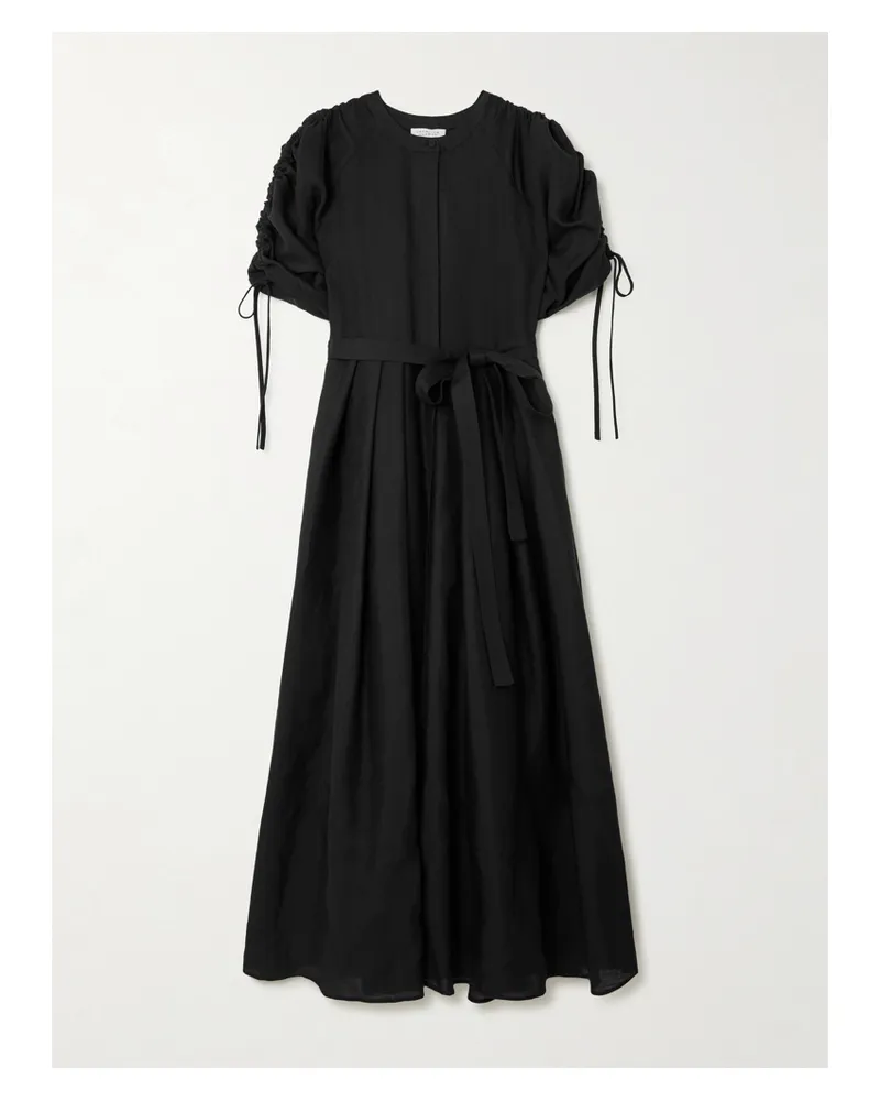 Gabriela Hearst Linnea Belted Ruched Pleated Linen Midi Shirt Dress - Black Black