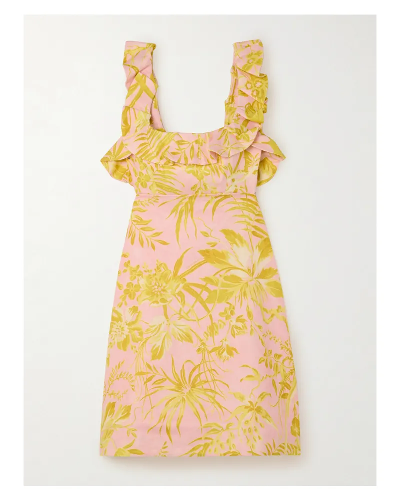 Zimmermann Golden Rückenfreies Minikleid Aus Leinen Mit Blumenprint, Rüschen Und Schleife - Pink Pink