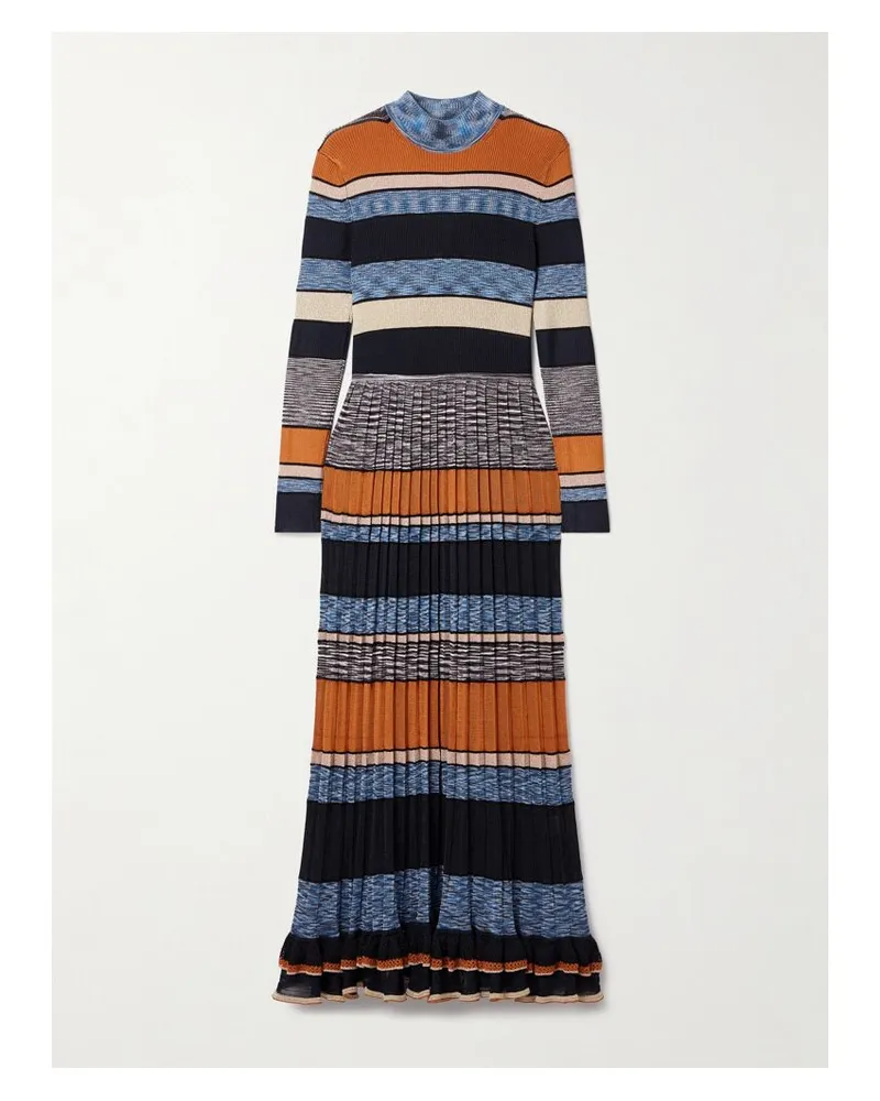 Ulla Johnson Evangeline Maxikleid Aus Metallic-strick Mit Stehkragen, Falten Und Streifen - Blau Blau