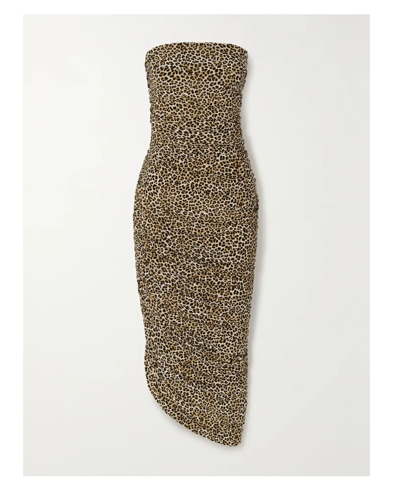 Norma Kamali Diana Asymmetrisches, Trägerloses Midikleid Aus Stretch-jersey Mit Leopardenprint Und Raffungen - Animal-Print Animal-print