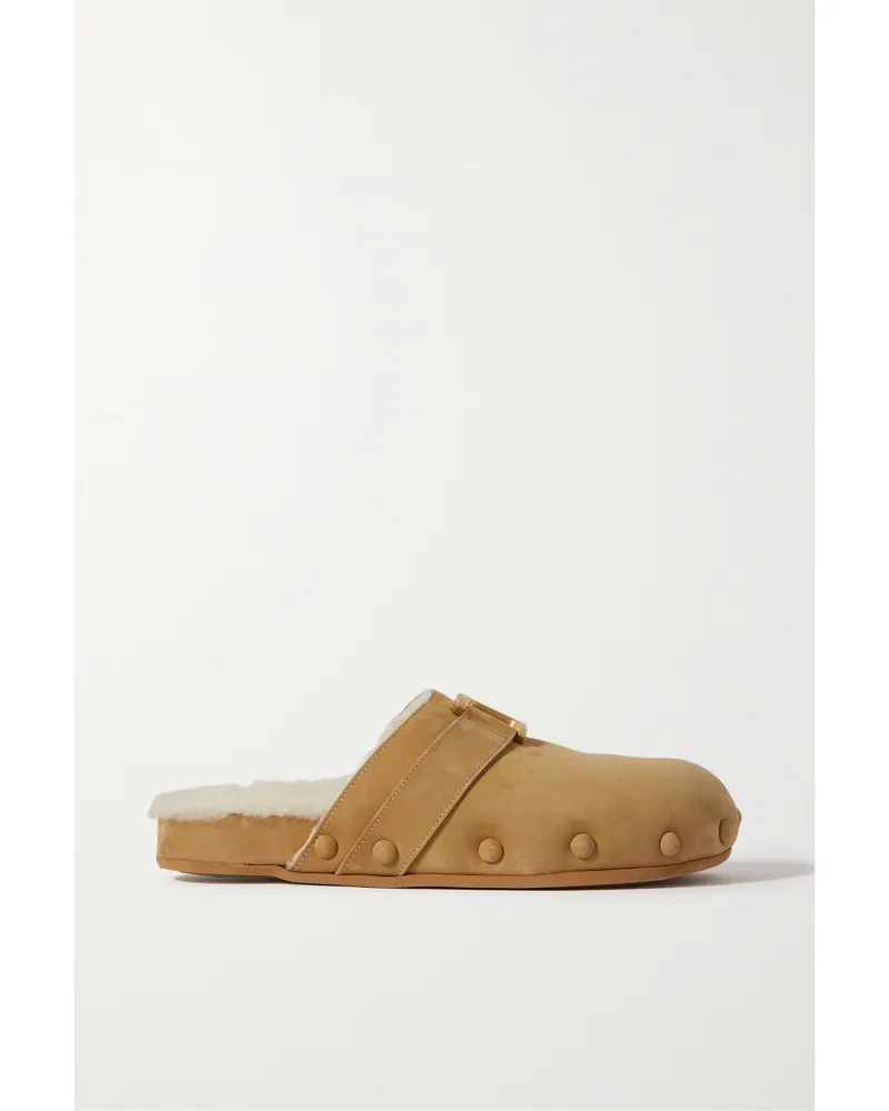 Chloé Marcie Slippers Aus Nubukleder Mit Verzierung Und Shearling-futter - Gelb Gelb