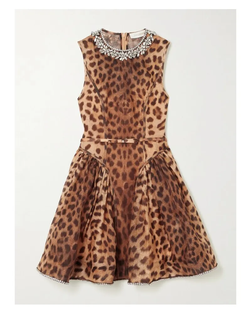 Zimmermann Crush Minikleid Aus Einer Leinen-seidenmischung Mit Leopardenprint Und Kristallen - Animal-Print Animal-print