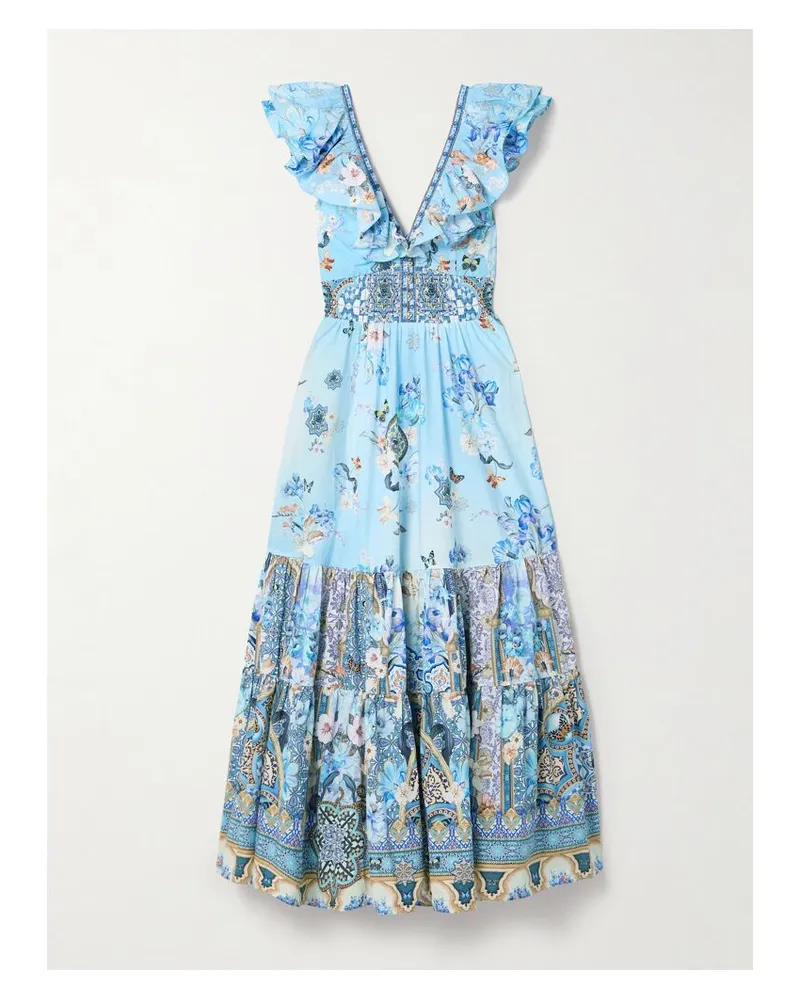 Camilla Maxikleid Aus Bedruckter Biobaumwollpopeline Mit Volants Und Kristallen - Blau Blau