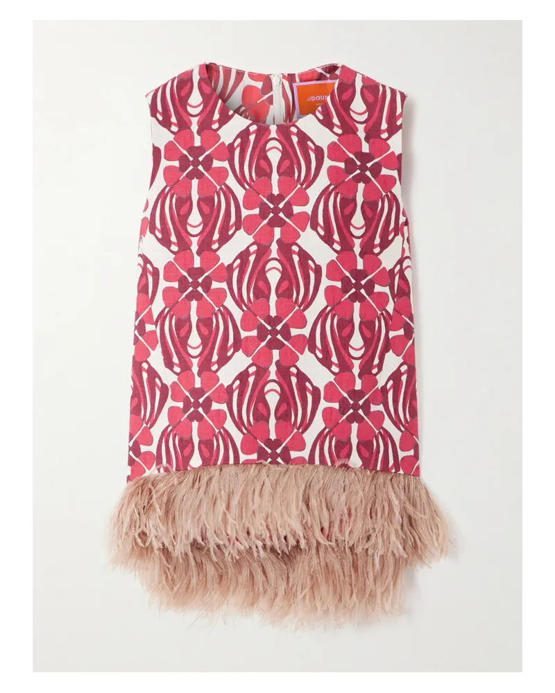 La DoubleJ Icon La Scala Feather-trimmed Printed Stretch-cotton Tweed Top - Red Red