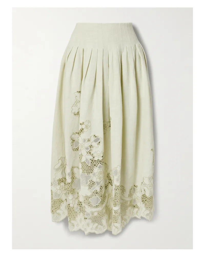 Cult Gaia Darina Midirock Aus Leinen Mit Mesh-einsätzen, Falten Und Stickereien - Wollweiß Wollweiß