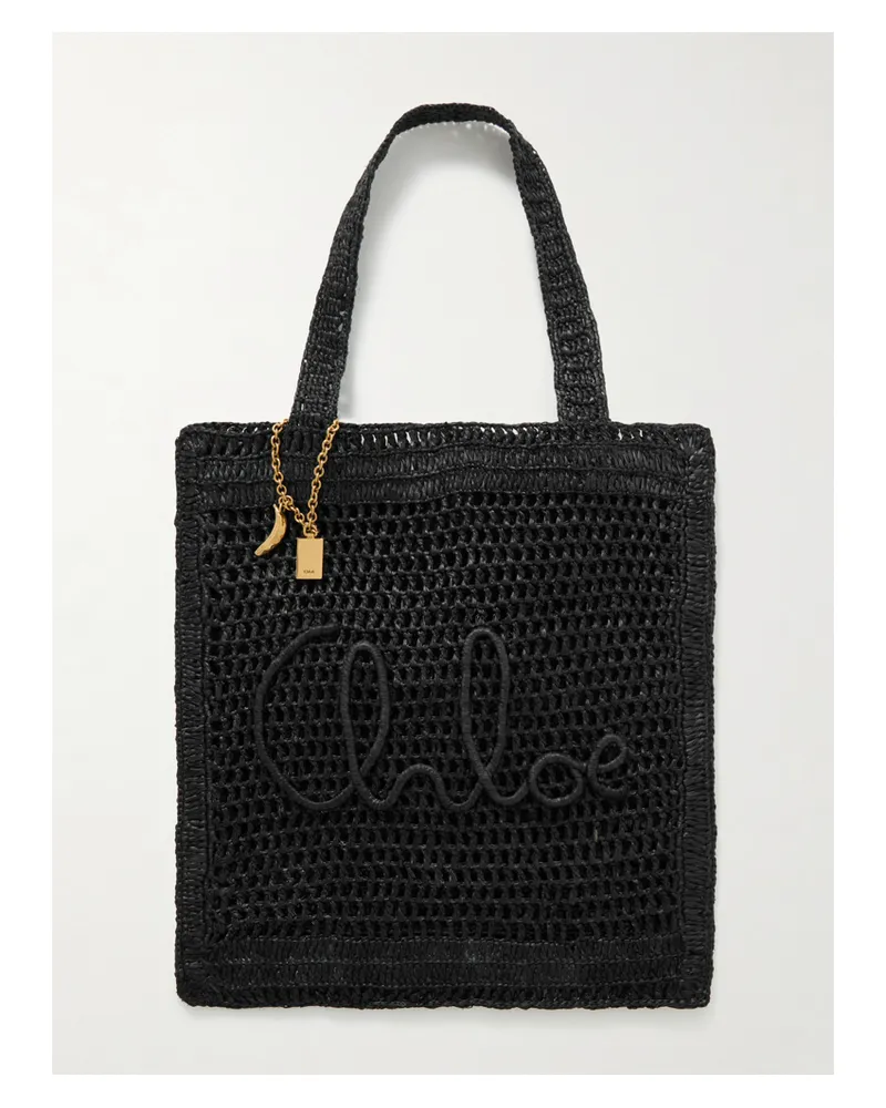 Chloé Summer Banana Embellished Crocheted Embroidered Faux Raffia Tote - Black Black