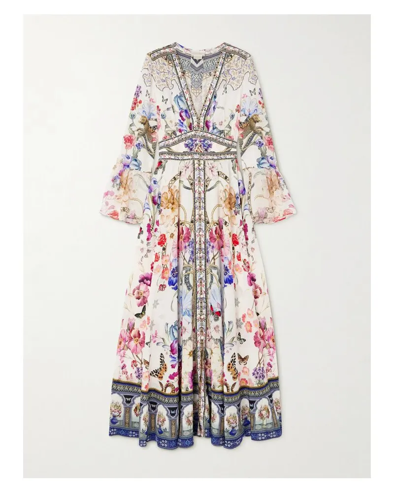 Camilla Maxikleid Aus Seide Mit Blumenprint, Raffungen Und Kristallen - Wollweiß Wollweiß