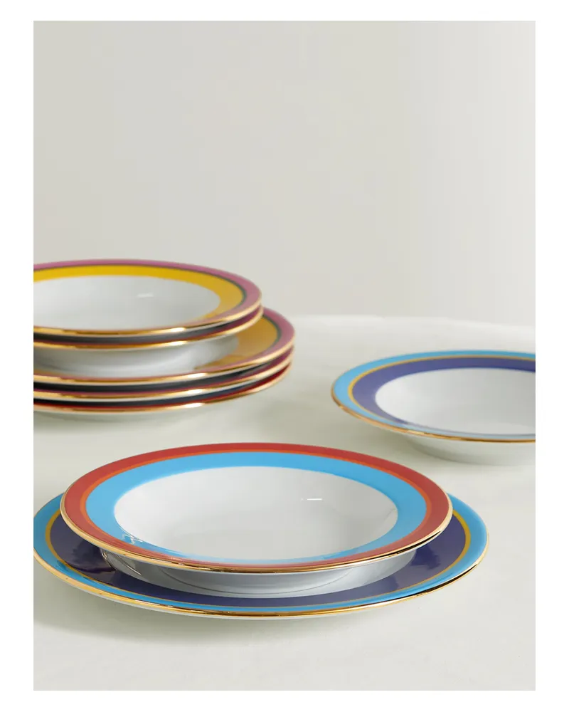 La DoubleJ Set Of Four Gold-plated Porcelain Soup Bowls And Dinner Plates - White White