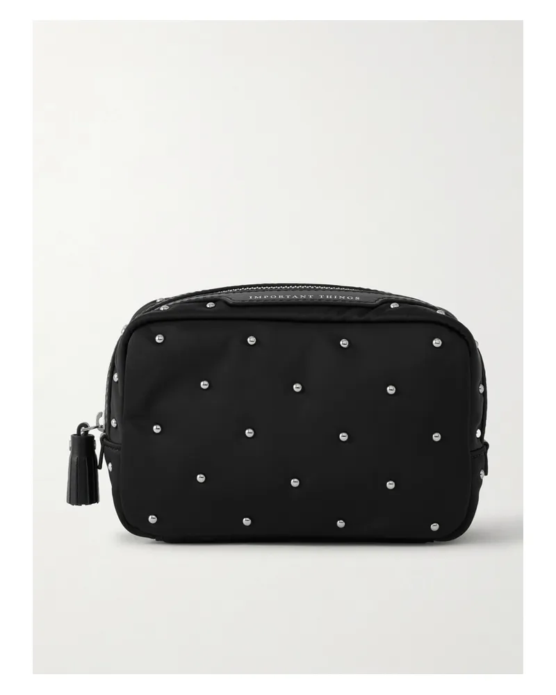Anya Hindmarch Important Things Kosmetiktasche Aus Recyceltem Satin Mit Nieten Und Lederbesätzen - Schwarz Schwarz