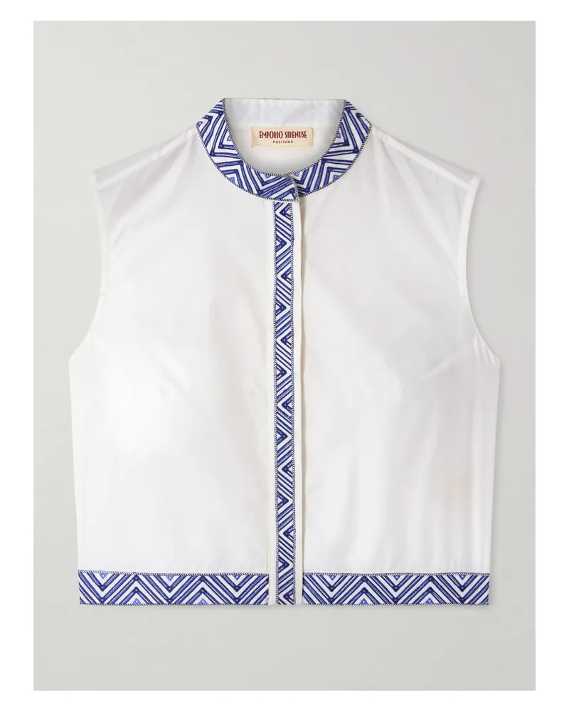 Emporio Sirenuse Andorra Iris Cropped Embroidered Cotton-blend Poplin Top - White White