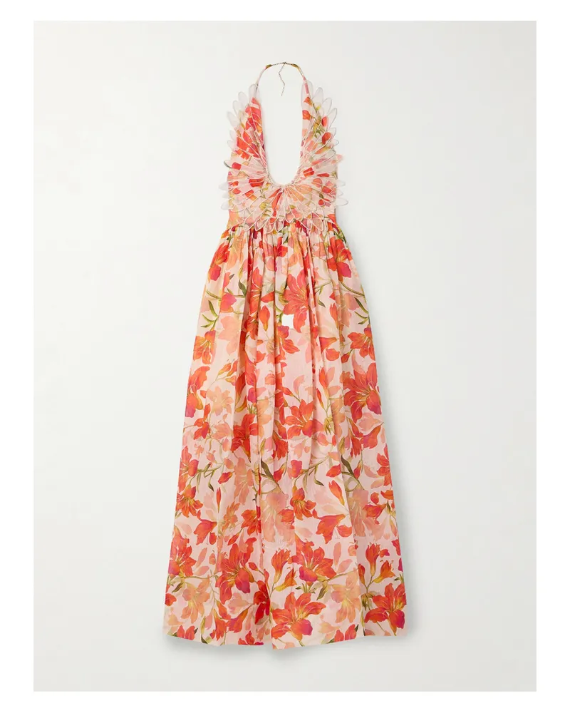 Zimmermann Tranquility Neckholder-maxikleid Aus Einer Leinen-seidenmischung Mit Applikationen, Besätzen Aus Mesh Und Blumenprint - Mehrfarbig Mehrfarbig
