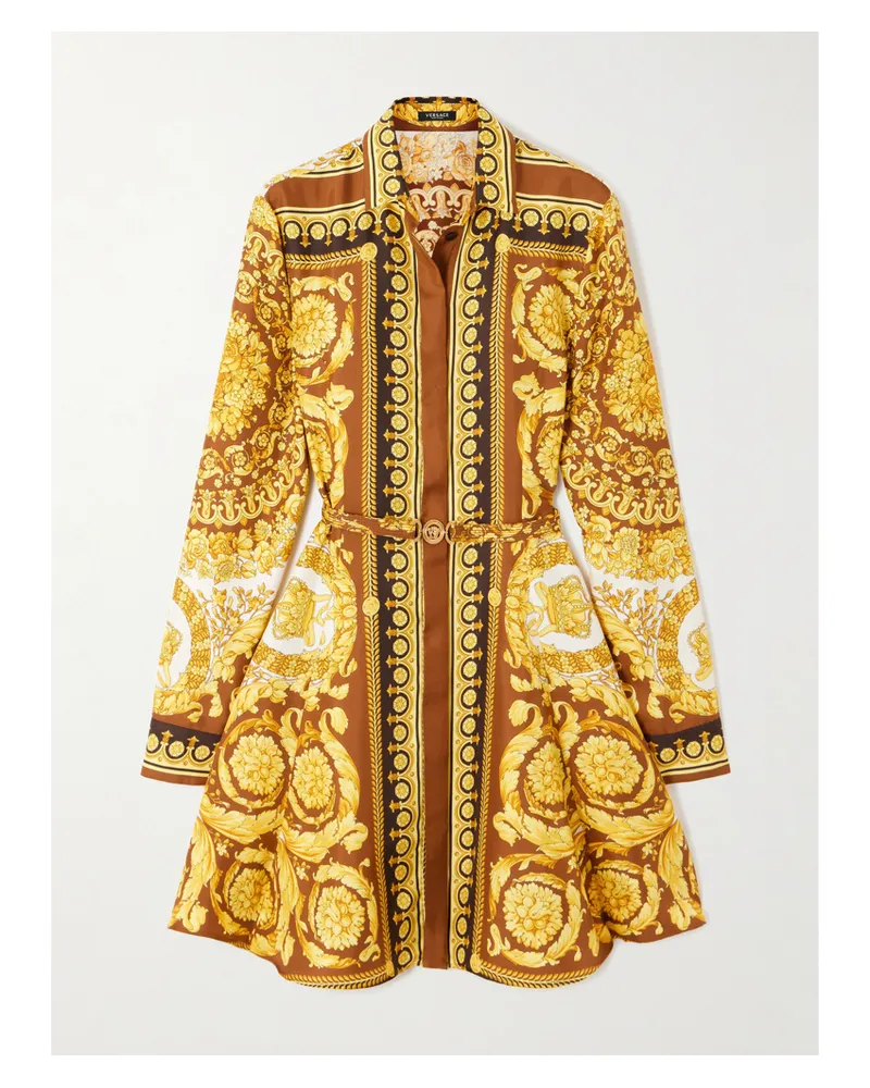 Versace Minikleid Aus Bedrucktem Seiden-twill Mit Gürtel - Gelb Gelb