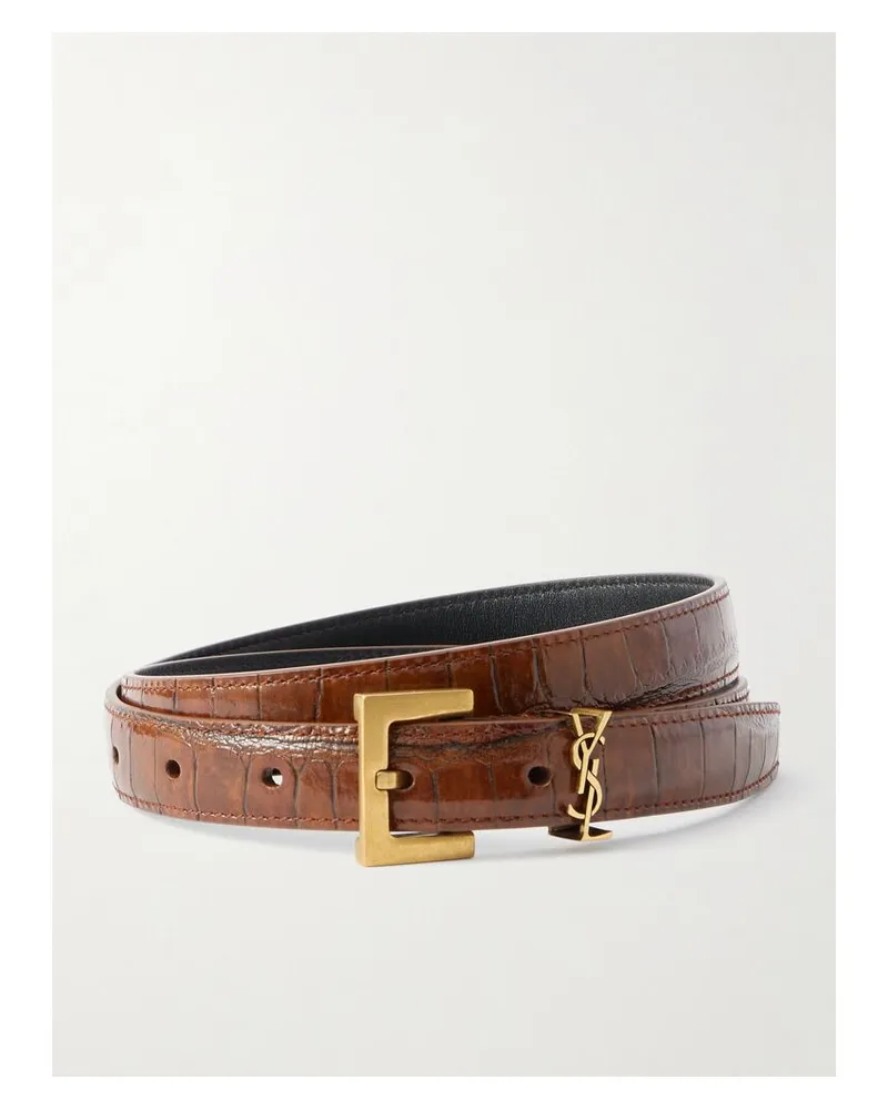Saint Laurent Cassandre Gürtel Aus Leder Mit Krokodileffekt - Braun Braun