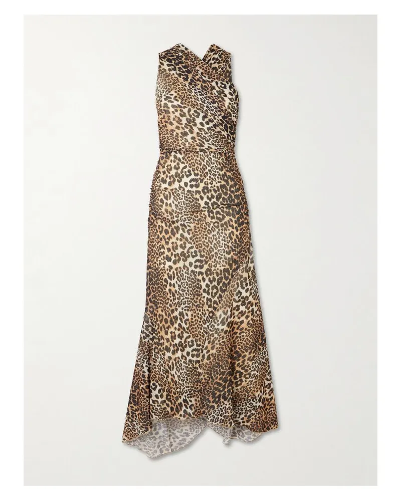 Ganni Asymmetrisches Midikleid Aus Recyceltem Stretch-mesh Mit Leopardenprint - Animal-Print Animal-print