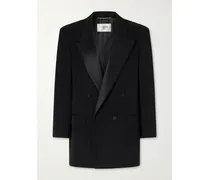 Double-breasted Satin-trimmed Grain De Poudre Wool Blazer - Black
