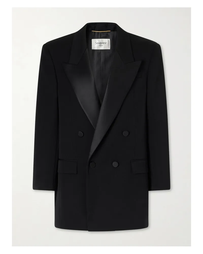 Saint Laurent Double-breasted Satin-trimmed Grain De Poudre Wool Blazer - Black Black