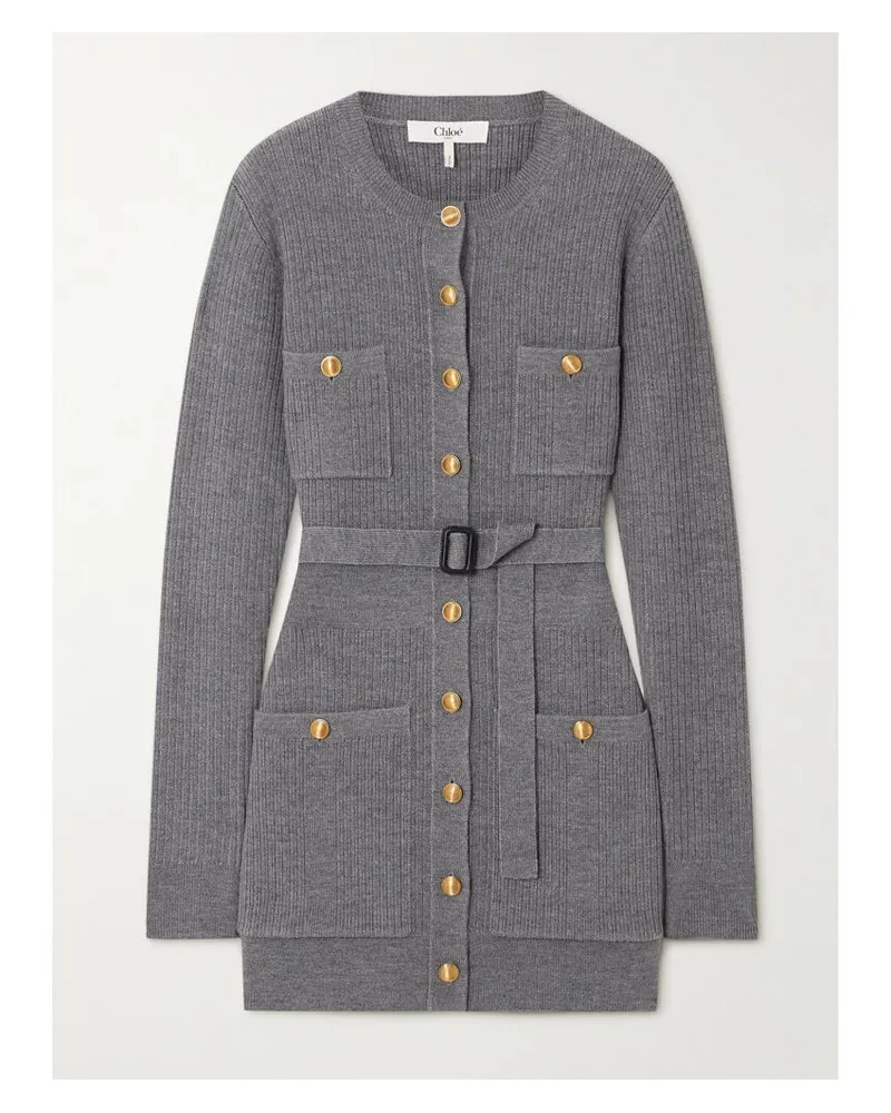 Chloé Minikleid Aus Einer Gerippten Wollmischung Mit Gürtel - Grau Grau