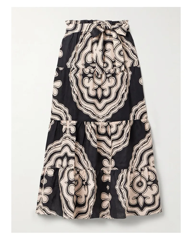 lemlem Sanaa Belted Printed Linen Maxi Skirt - Black Black