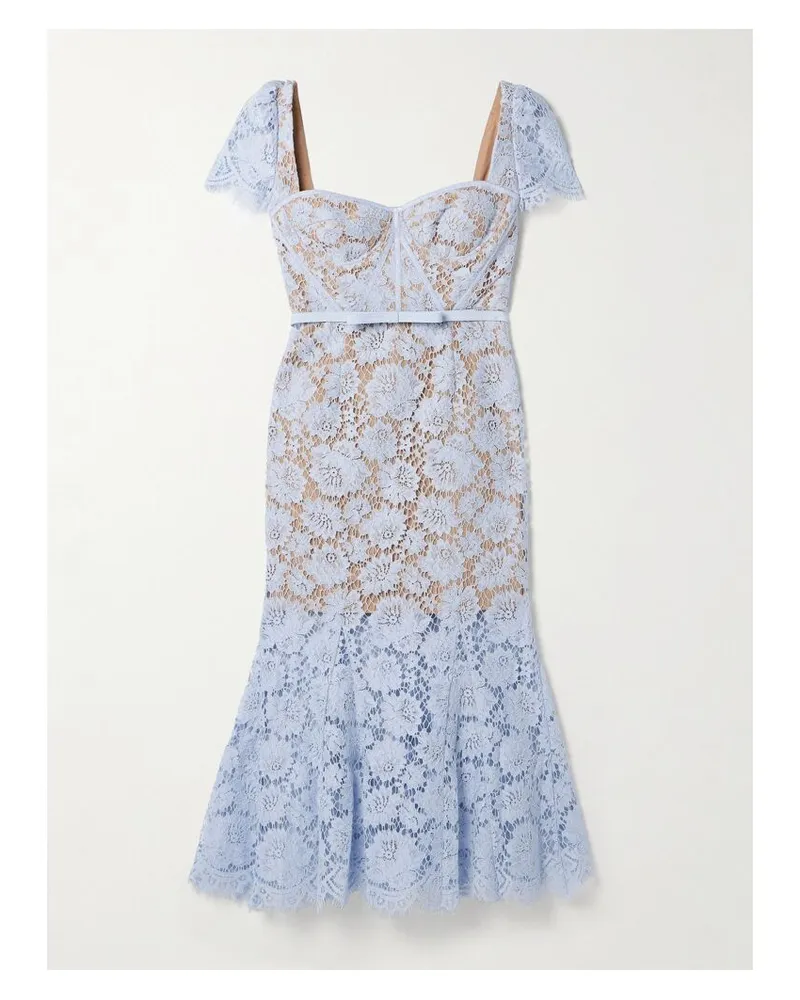 Self-Portrait Midikleid Aus Schnurgebundener Spitze Mit Gürtel - Blau Blau