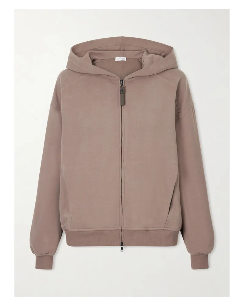 Brunello Cucinelli Bead-embellished Cotton-jersey Zip-up Hoodie - Brown Brown
