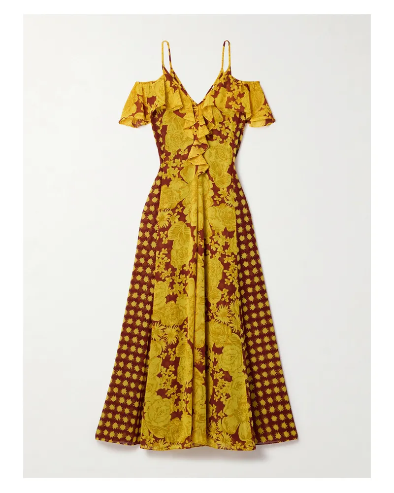 Diane von Furstenberg Aya Schulterfreies Maxikleid Aus Recyceltem, Bedrucktem Crêpe De Chine Mit Rüschen - Gelb Gelb