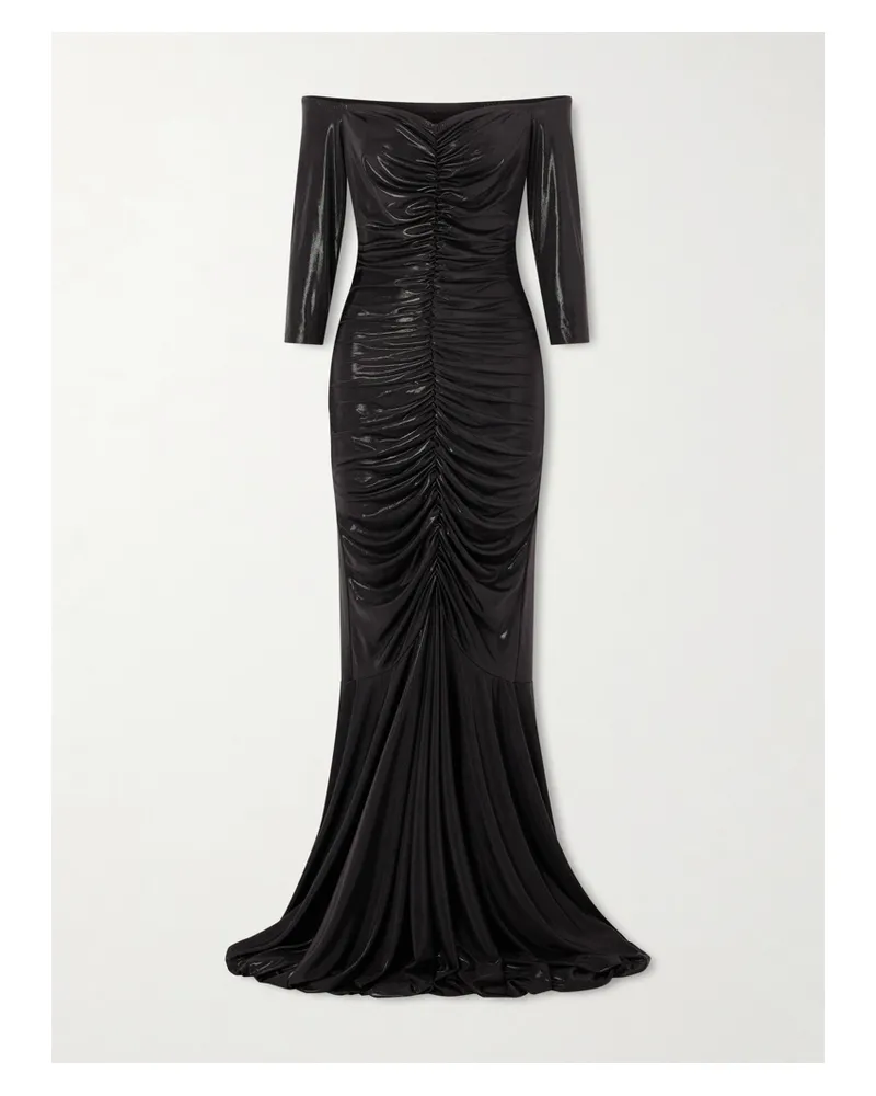 Norma Kamali Off-shoulder Ruched Stretch-lamé Gown - Black Black