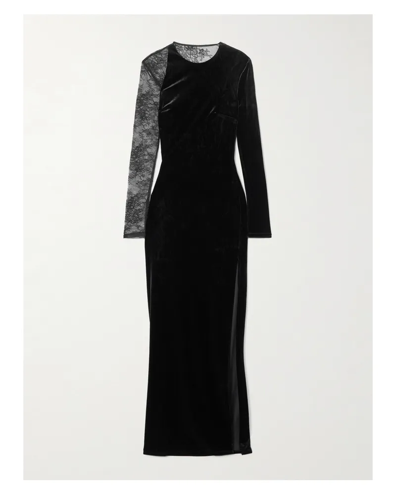 Self-Portrait Maxikleid Aus Samt Mit Spitzeneinsätzen - Schwarz Schwarz