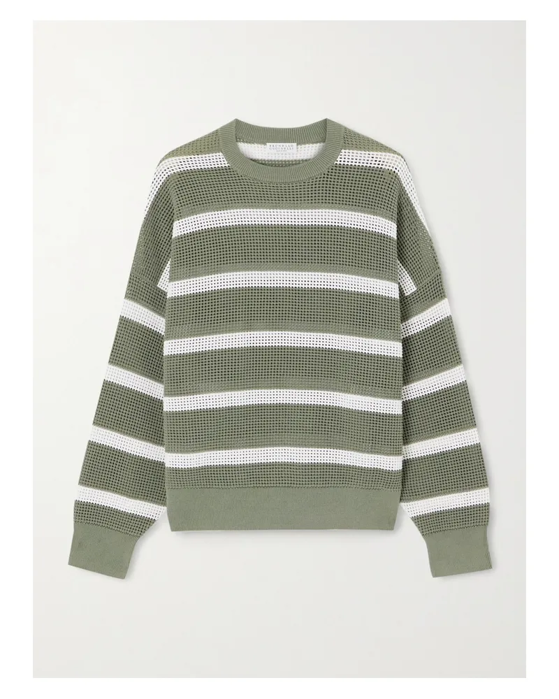 Brunello Cucinelli Striped Open-knit Cotton Sweater - Green Green