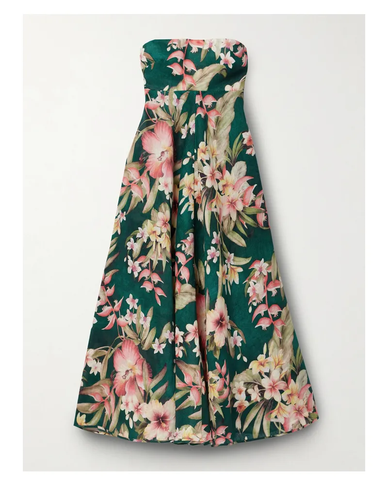 Zimmermann Lexi Trägerloses Midikleid Aus Leinen Mit Blumenprint - Grün Grün