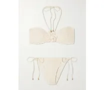 Awaken Embellished Crocheted Cotton Halterneck Bikini - Neutrals