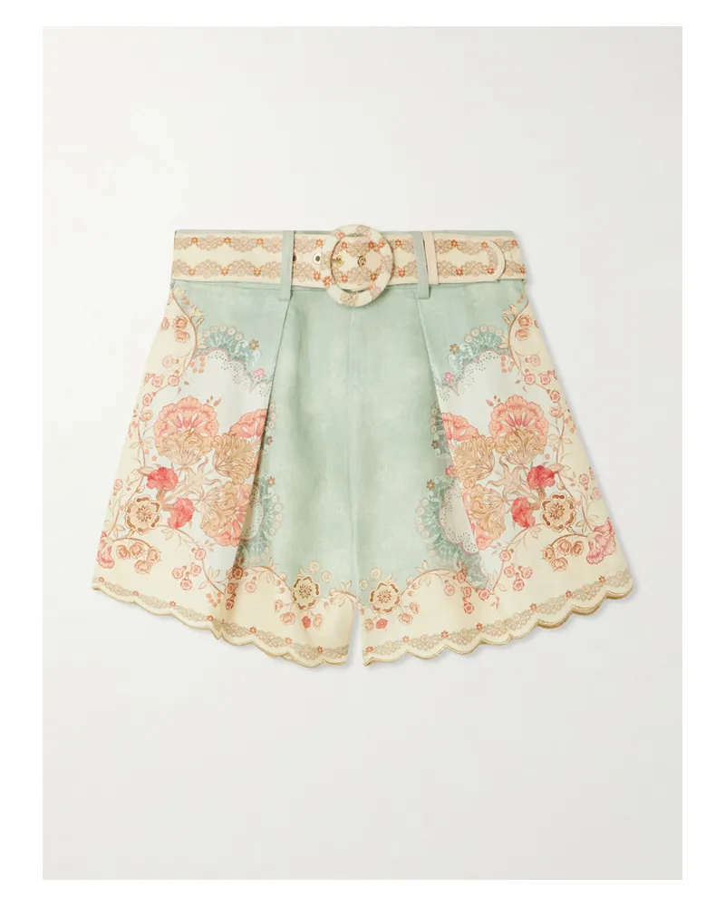 Zimmermann Daylight Belted Scalloped Pleated Printed Linen Shorts - Blue Blue