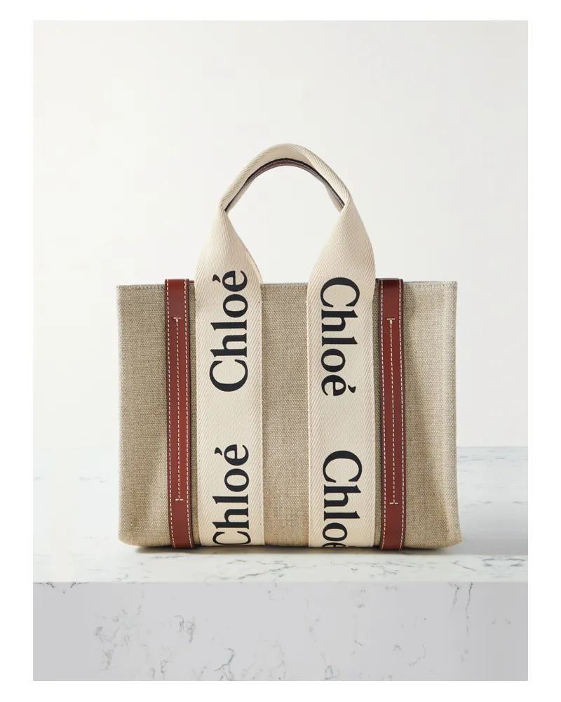 Chloé Net Sustain Woody Small Embroidered Leather-trimmed Linen Tote - Brown Brown
