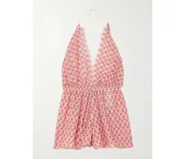 Neckholder-playsuit Aus Metallic-häkelstrick - Rot