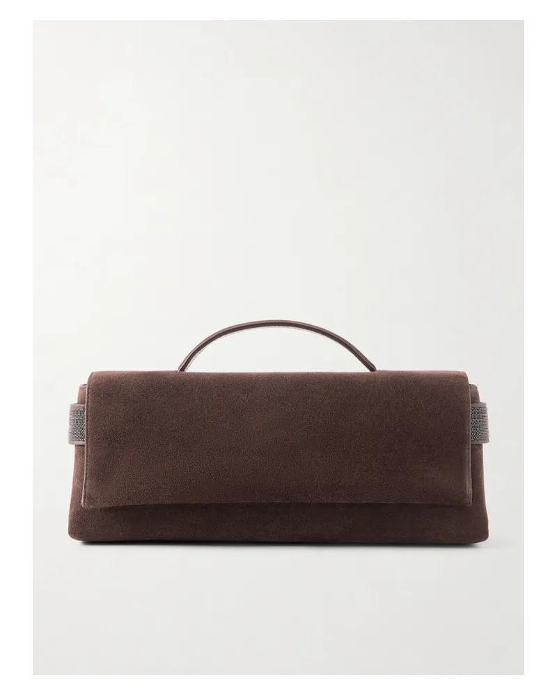 Brunello Cucinelli Bead-detailed Suede Clutch - Brown Brown