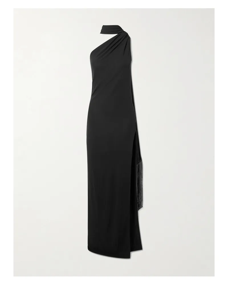 Acne Studios Dassy One-shoulder Fringed Tie-detailed Stretch-knit Gown - Black Black