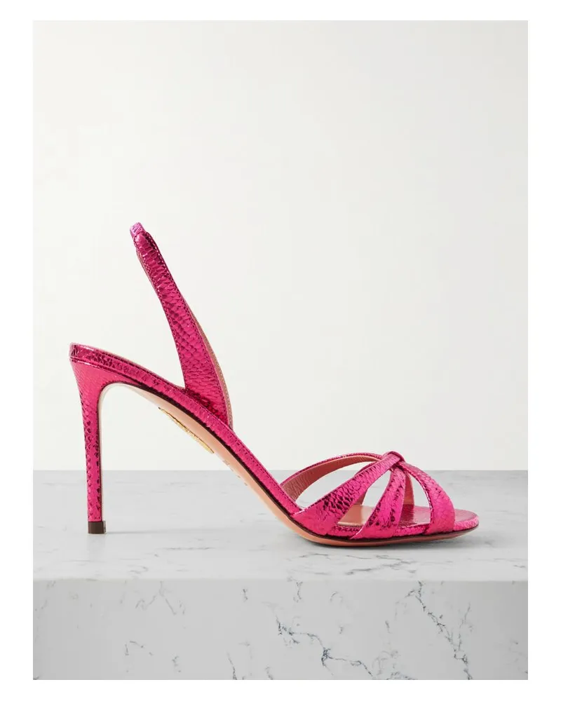 Aquazzura Tati 85 Slingback-sandalen Aus Metallic-leder Mit Schlangeneffekt - Pink Pink