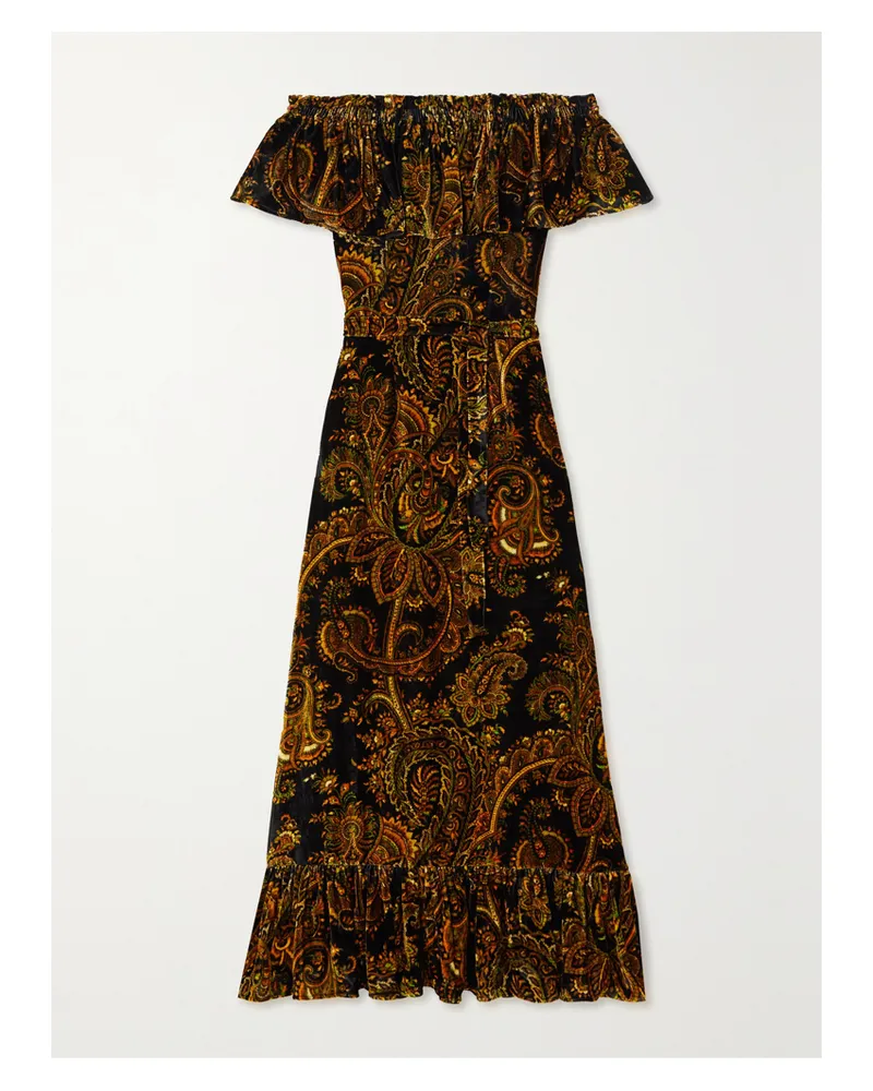 Etro Schulterfreies Maxikleid Aus Samt Mit Paisley-muster Und Bindegürtel - Schwarz Schwarz