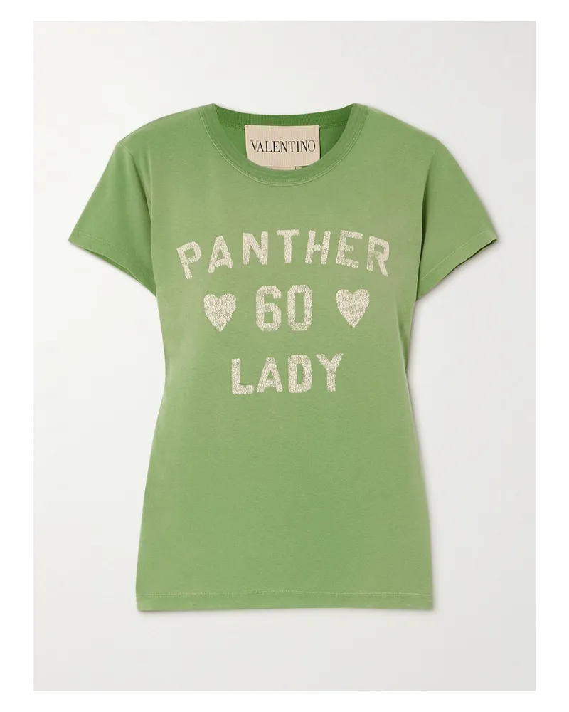 Valentino Garavani Panther 60 Lady T-shirt Aus Baumwoll-jersey Mit Prints Und Applikationen - Grün Grün