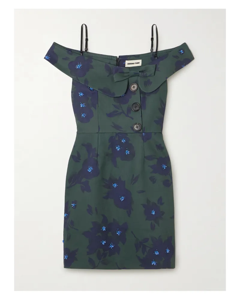 SHUSHU/TONG Asymmetrisches, Schulterfreies Minikleid Aus Baumwolle Mit Blumenmuster Und Verzierungen - Grün Grün
