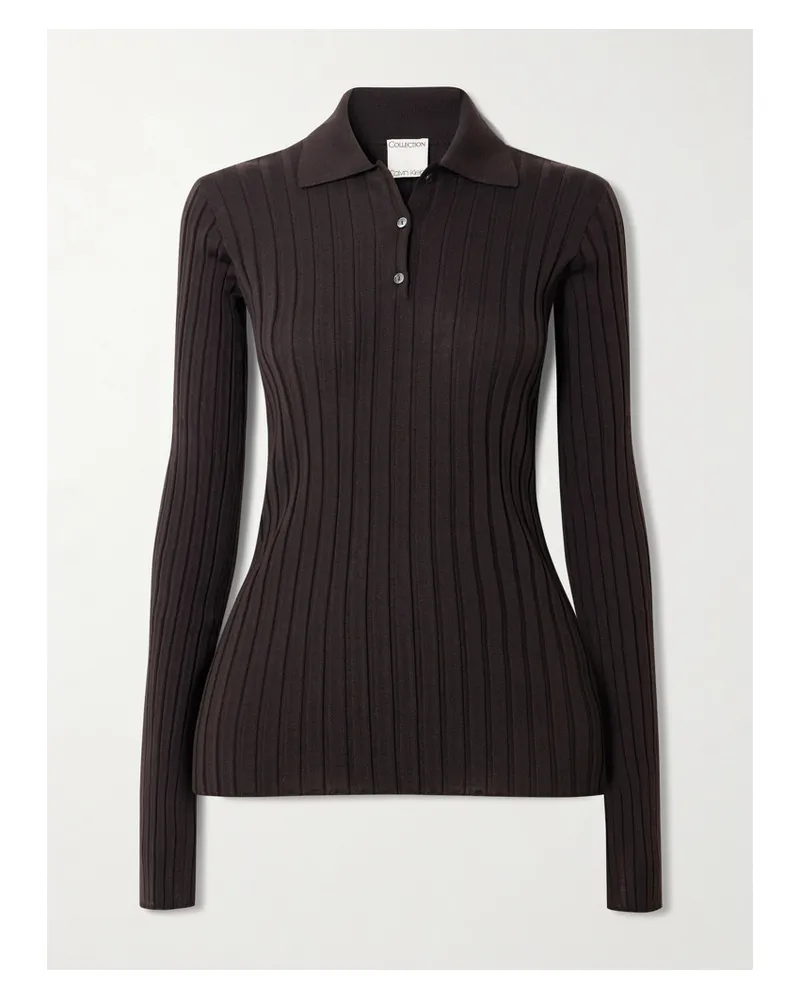Calvin Klein Amber Ribbed Wool Polo Sweater - Brown Brown