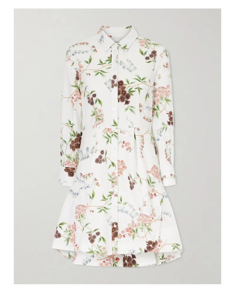 Erdem Pleated Floral-print Cotton-poplin Mini Shirt Dress - White White