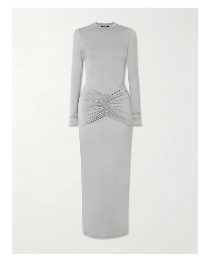 Balmain Ruched Stretch-jersey Maxi Dress - Gray Gray