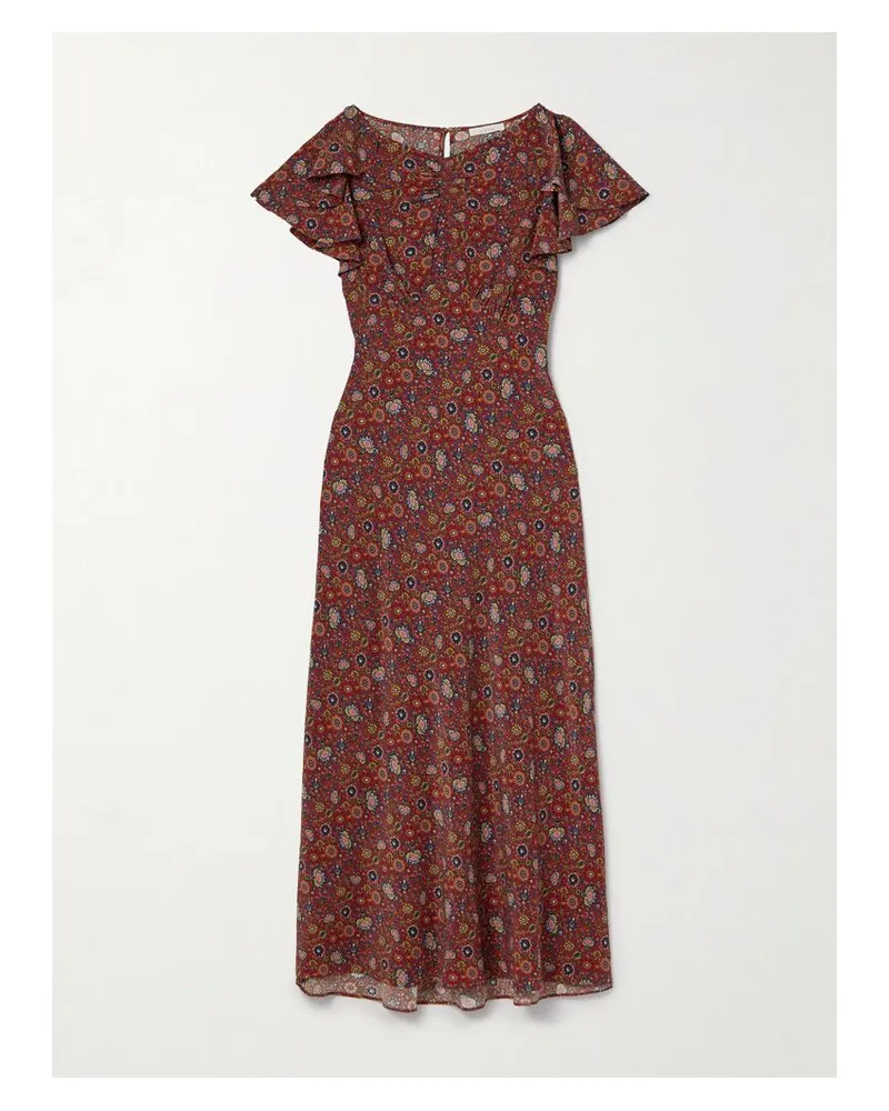 DÔEN Beatriz Midikleid Aus Crêpe De Chine Aus Seide Mit Blumenprint Und Volants - Rot Rot