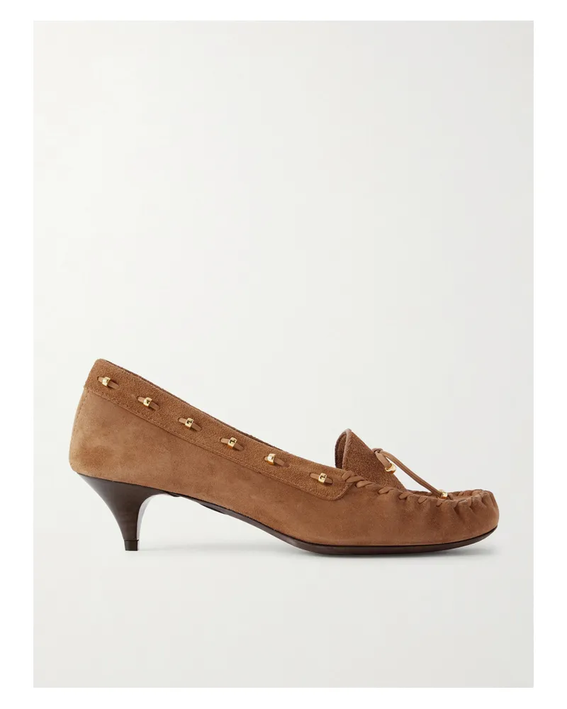 KHAITE Milly Embellished Whipstitched Suede Pumps - Brown Brown